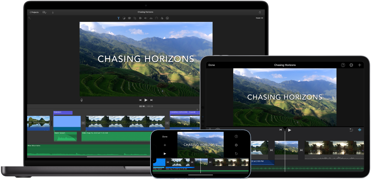 محتوى متماثل معروض على MacBook Pro وiPad وiPhone.