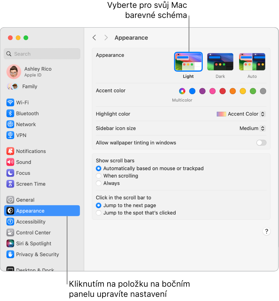 Okno Vzhled v Nastavení systému