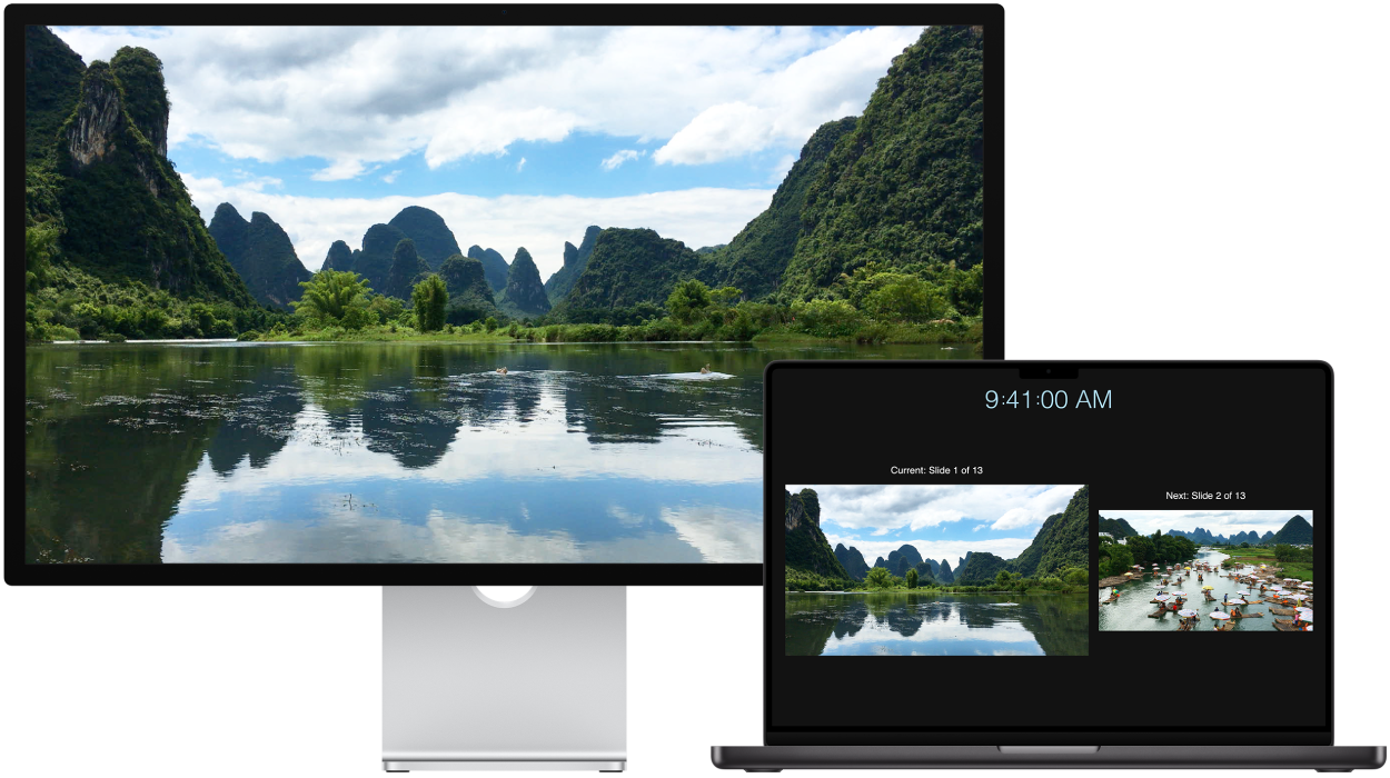 En 16" MacBook Pro ved siden af Studio Display, der bruges som ekstern skærm.