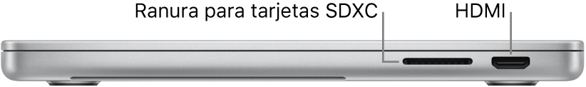 Vista lateral derecha de una MacBook Pro de 16 pulgadas con textos que indican la ranura para tarjetas SDXC, un puerto Thunderbolt 4 (USB-C) y el puerto HDMI.