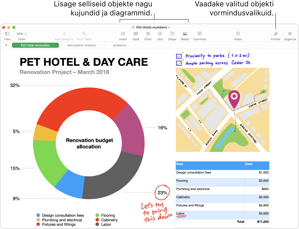 Rakenduse Numbers akna ülaosas on tööriistariba ja redigeerimistööriistad, üleval paremal osas nupp Collaborate ning paremal nupud Format ja Organize.