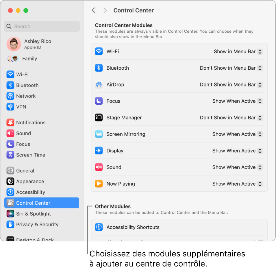 Fenêtre des réglages « Centre de contrôle ».