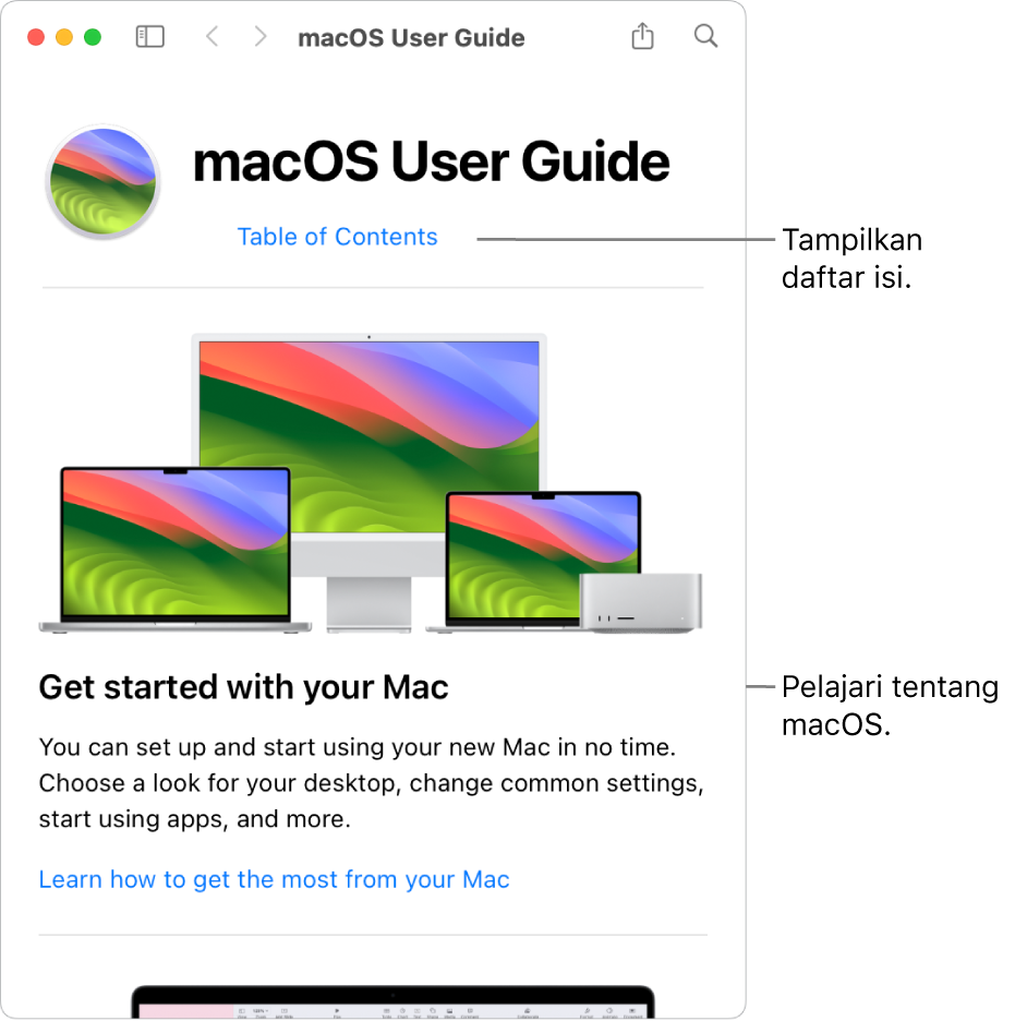 Untuk menemukan topik di Petunjuk Pengguna macOS, Anda dapat menelusuri atau mencari.
