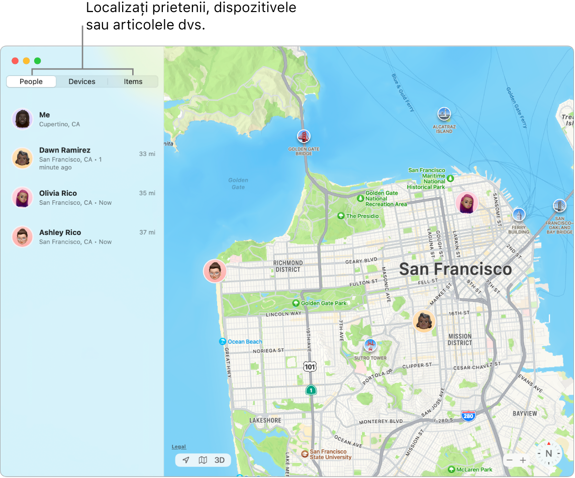 O fereastră Găsire, cu fila Persoane selectată în stânga și o hartă a orașului San Francisco în dreapta, cu localizările pentru dvs. și doi prieteni.