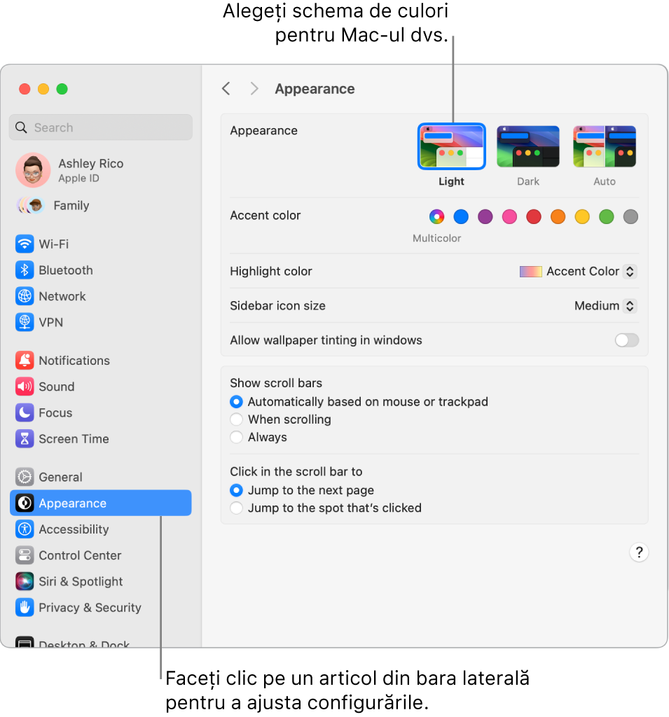 Fereastra Aspect în Configurări sistem.