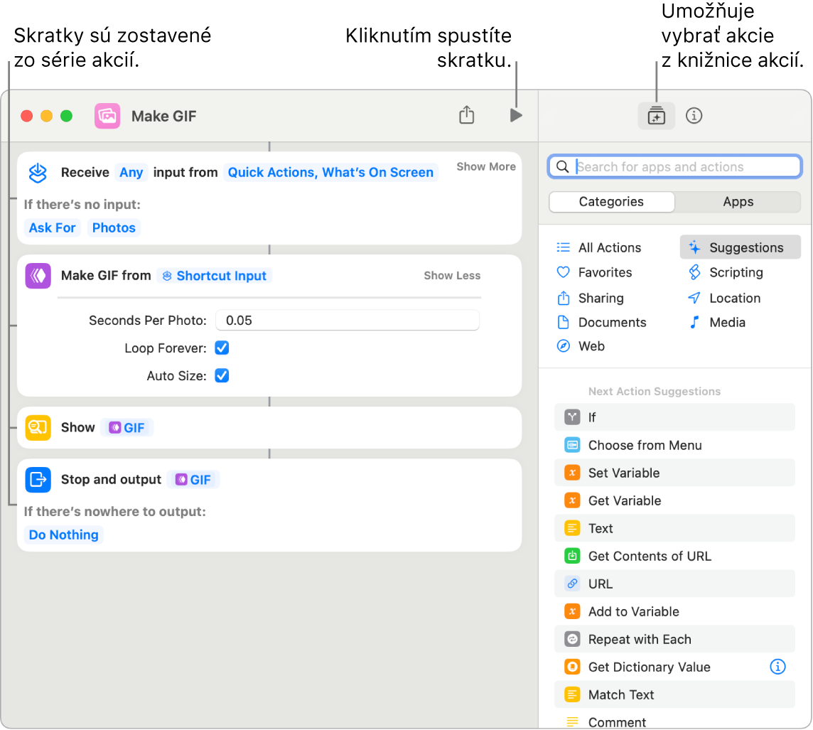 Editor skratiek Vytvoriť GIF naľavo a knižnica akcií napravo.