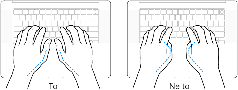 Dlani nad tipkovnico, ki prikazujeta pravilno in nepravilno držo palcev.