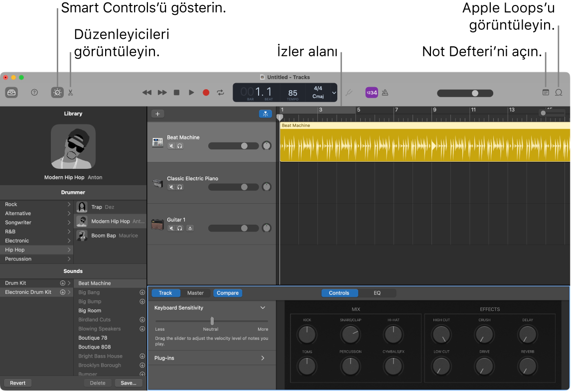 Smart Controls’e, Düzenleyiciler’e, Notlar’a ve Apple Loops’a erişim düğmelerini gösteren bir GarageBand penceresi. Ayrıca, izler görüntüsünü gösterir.