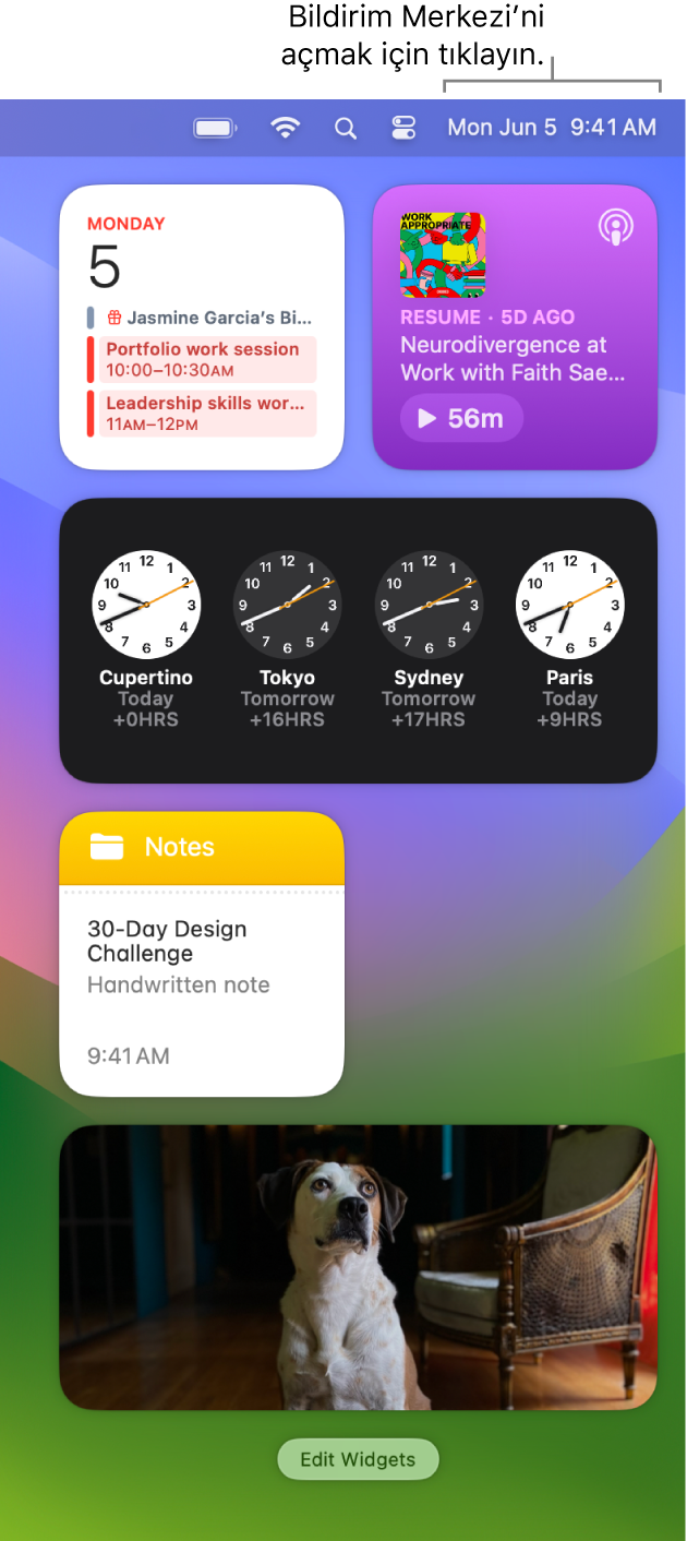 Bildirimler ve Fotoğraflar, Ev, Takvim ve Ekran Süresi araç takımları ile Bildirim Merkezi.