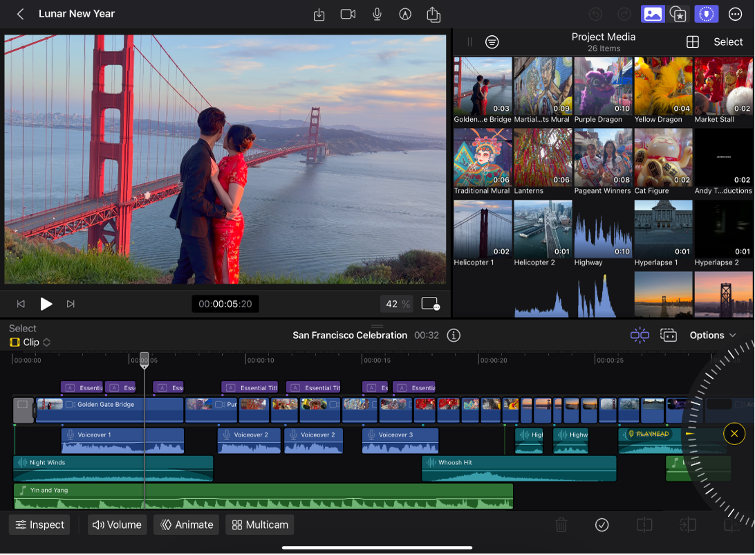 El espacio de trabajo principal de Final Cut Pro para iPad, con el visor y el explorador en la parte de arriba y la línea de tiempo en la parte de abajo.