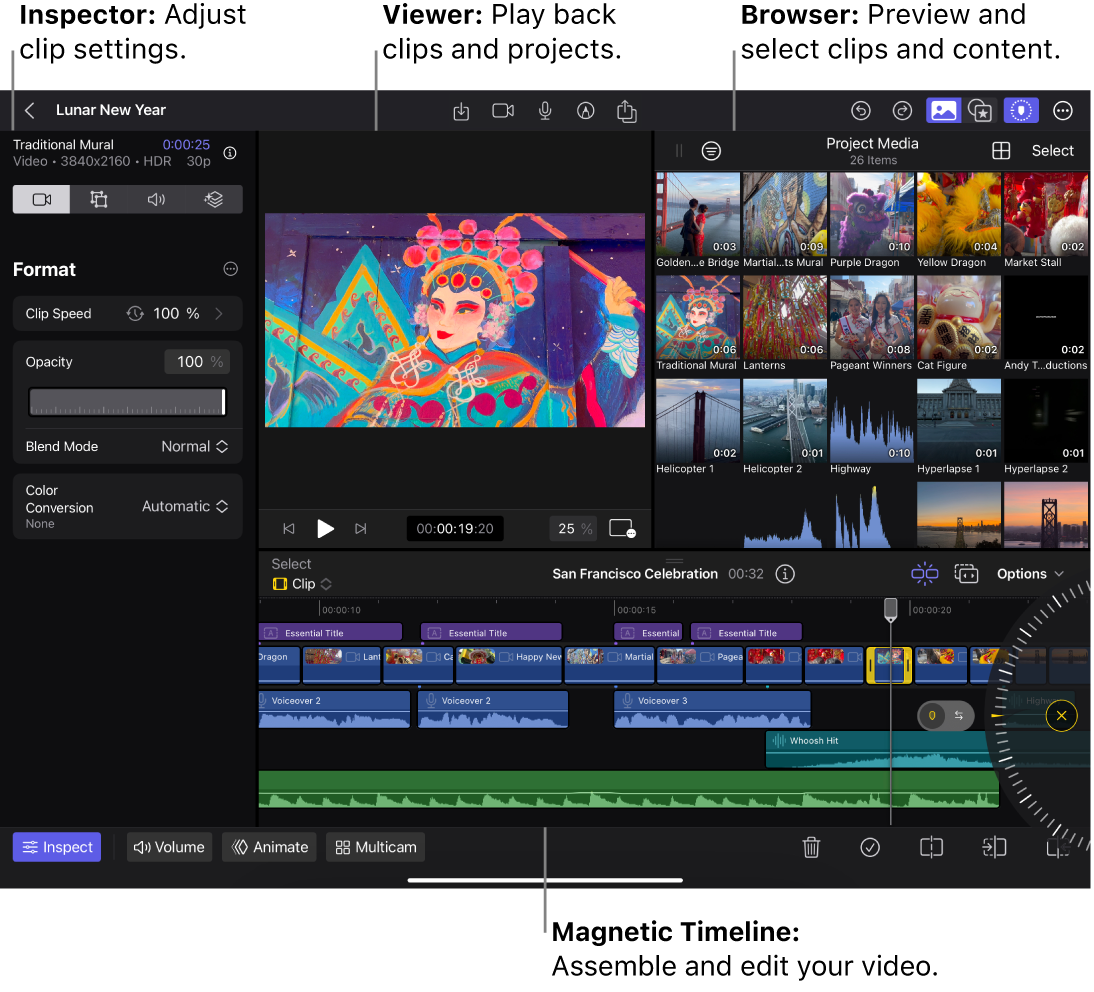 La pantalla Edición donde se ve el inspector abierto en la parte izquierda, el visor y el navegador en la parte superior, y la línea de tiempo en la parte de abajo con la rueda de selección abierta en el lado derecho.