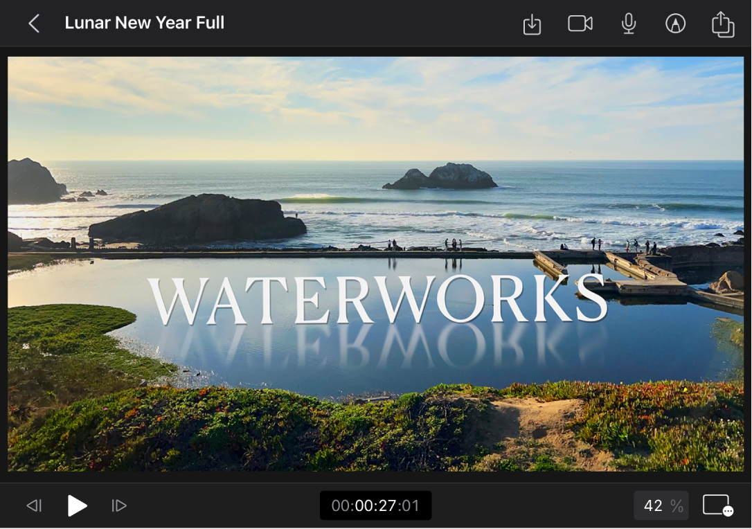 Titre superposé à un plan vidéo dans le visualiseur, avec des commandes de lecture, un timecode, la commande de niveau de zoom et le bouton « Options du visualiseur » en dessous.