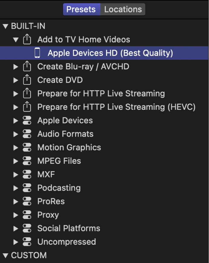 Panel Preajustes con un preajuste seleccionado