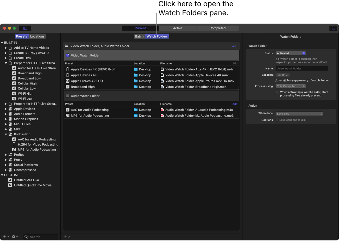 Interfaz de Compressor con el espacio de trabajo de carpeta vigilada.