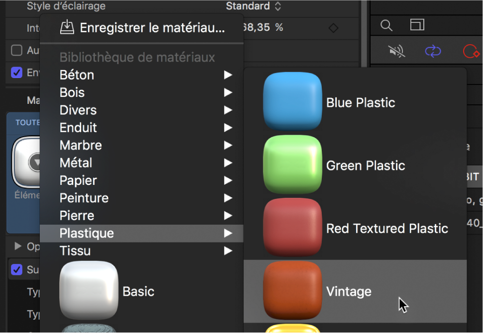 Inspecteur de texte 3D affichant le menu local de préréglages Matériau