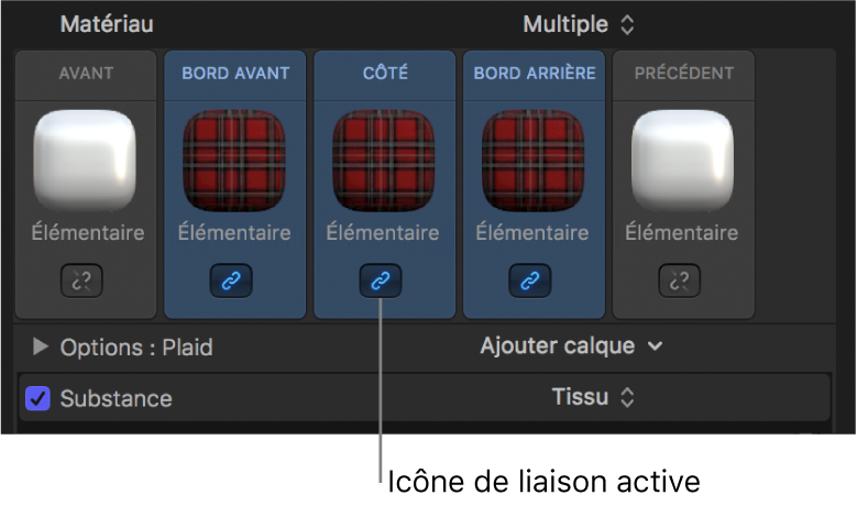 Inspecteur de texte 3D affichant plusieurs matériaux sélectionnés et l’icône représentant deux maillons de chaîne liés