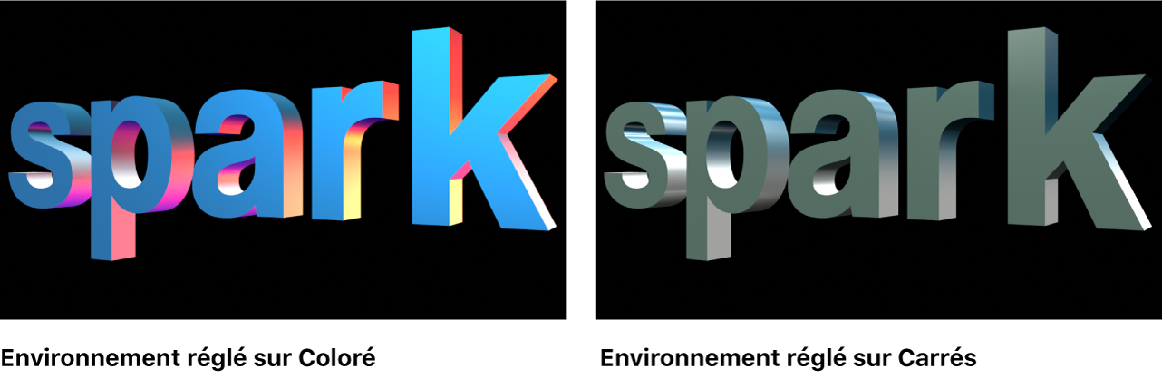 Canevas affichant un texte 3D avec Environnement réglé sur Couleur et sur Places