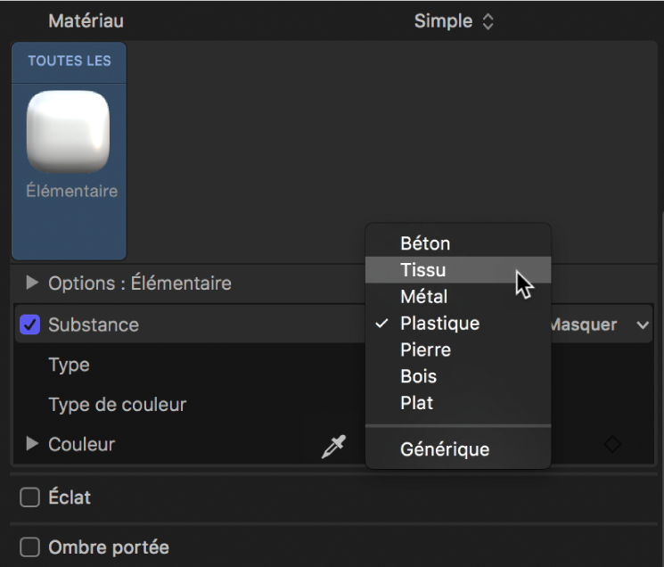 Inspecteur de texte 3D affichant le menu local Substance