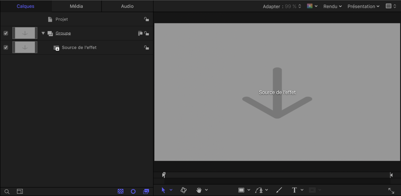 Nouveau projet d’effet Final Cut affichant la liste Calques et le canevas