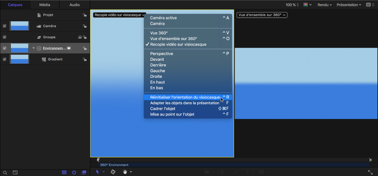 Sélection de « Réinitialiser l’orientation du visiocasque » dans le menu Caméra du canevas