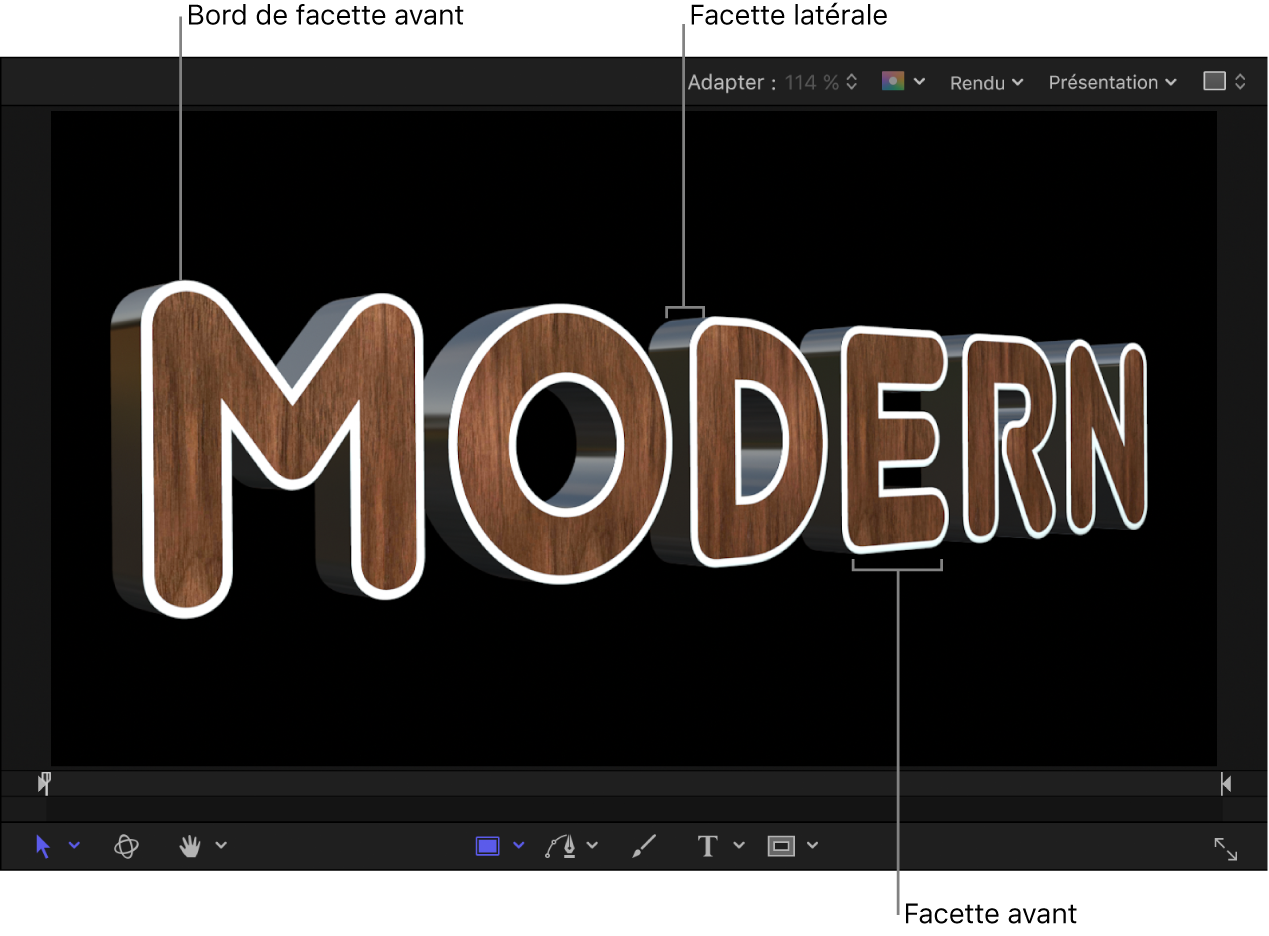 Texte 3D dans le canevas présentant une facette Bord avant blanche, une facette Côté en métal et une facette Avant en bois