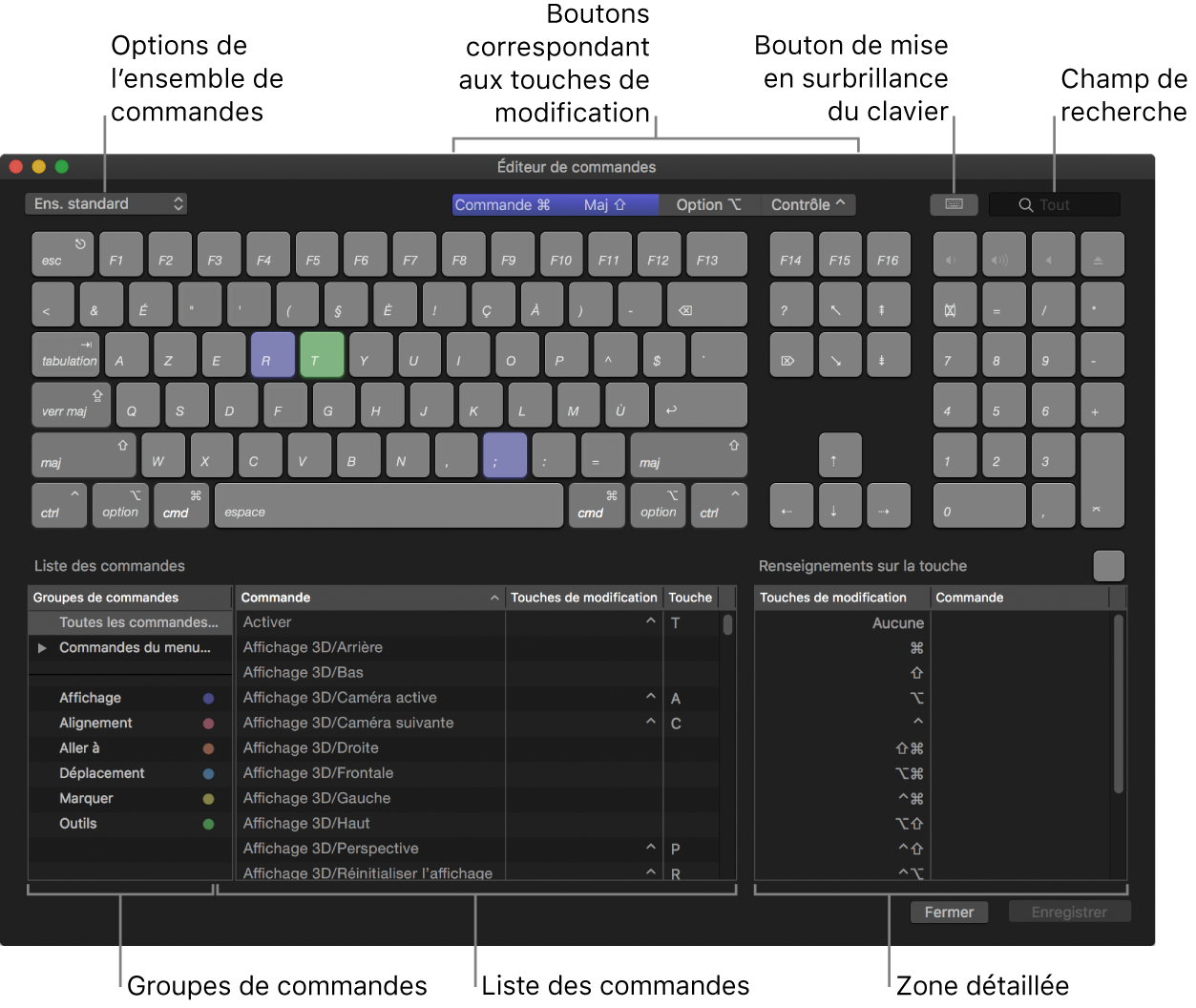 Éditeur de commandes affichant les options d’ensemble de commandes, les boutons de touche de modification, le bouton de mise en surbrillance du clavier, le champ de recherche, les groupes de commandes, la liste des commandes et la zone « Renseignements sur la touche »