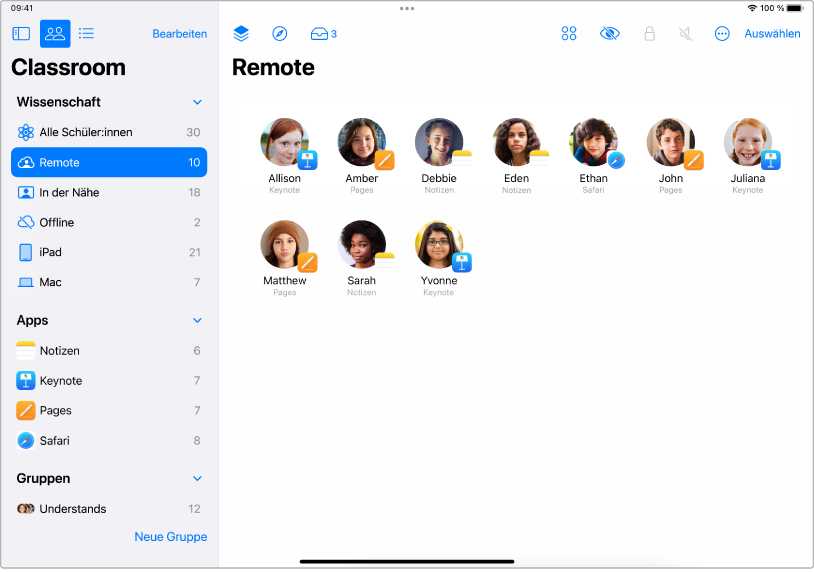 Das Fenster „Classroom“ auf dem iPad zeigt ausgewählte Schüler, die per Fernzugriff arbeiten.