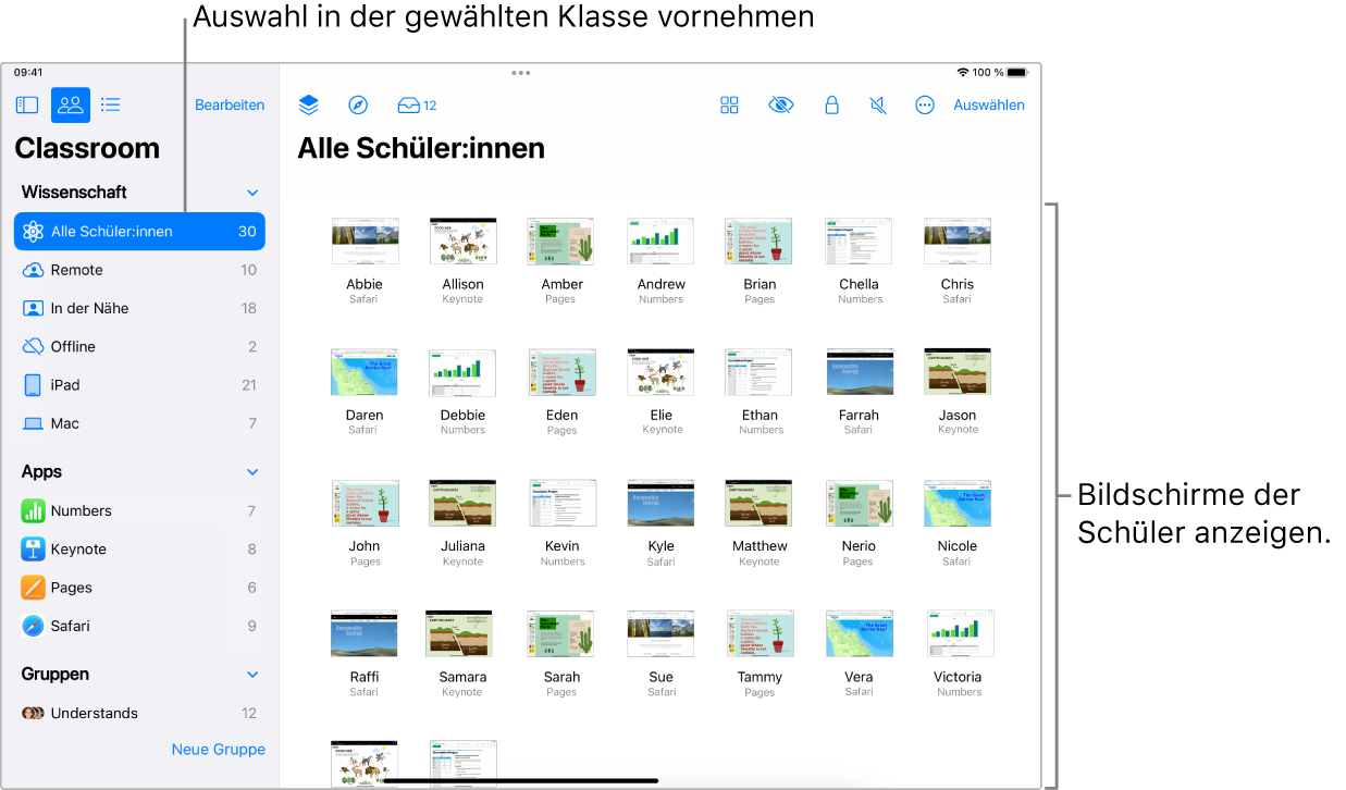 Das Fenster der App „Classroom“ auf dem iPad mit der in der Aktionsliste ausgewählten Taste „Bildschirme“ und den Bildschirmen einer ausgewählten Gruppe, die jetzt angezeigt werden können.