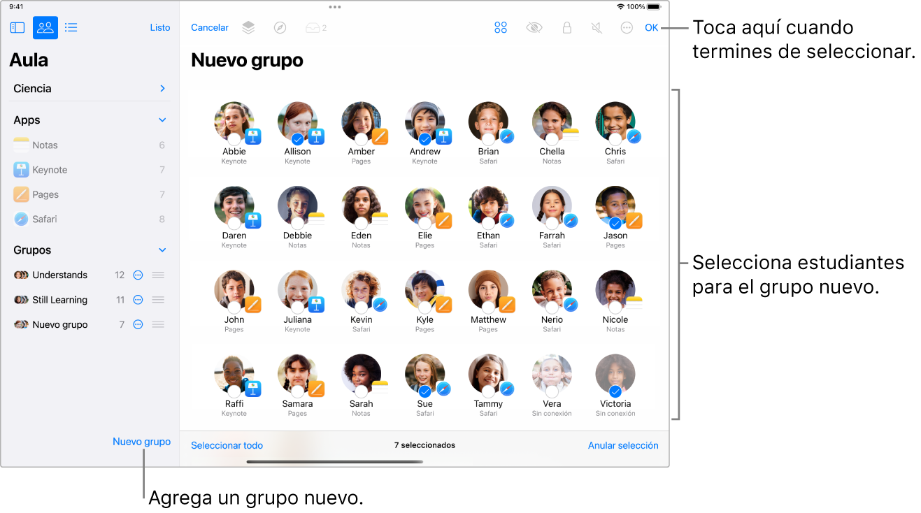 Ventana de Aula mostrando los nombres y fotos de los estudiantes seleccionados para formar un nuevo grupo.