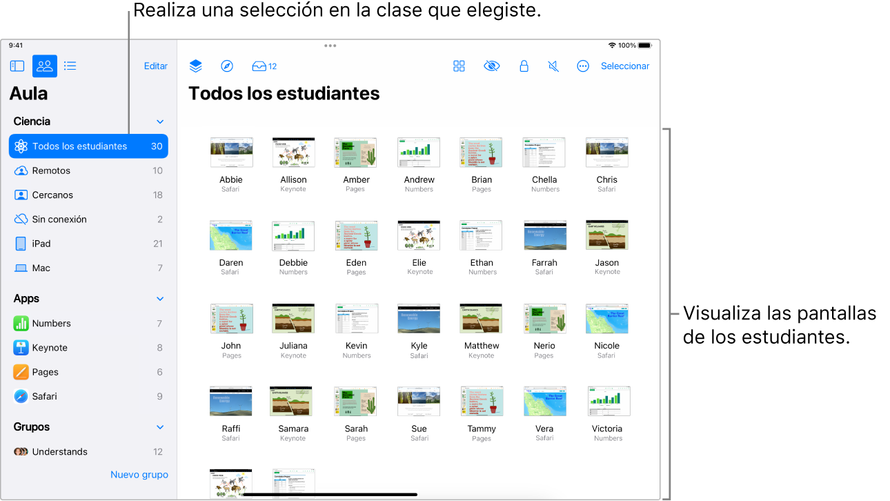 Ventana de Aula en el iPad con el botón Pantallas seleccionado en la fila de acciones, y un grupo seleccionado mostrando las pantallas que ya se pueden ver.