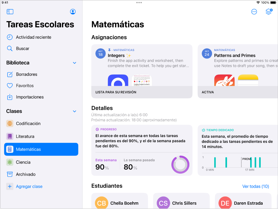Captura de pantalla de la app Tareas Escolares en el iPad.