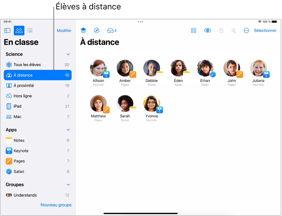 Une capture d’écran qui affiche les élèves à distance ajoutés à « En classe ».