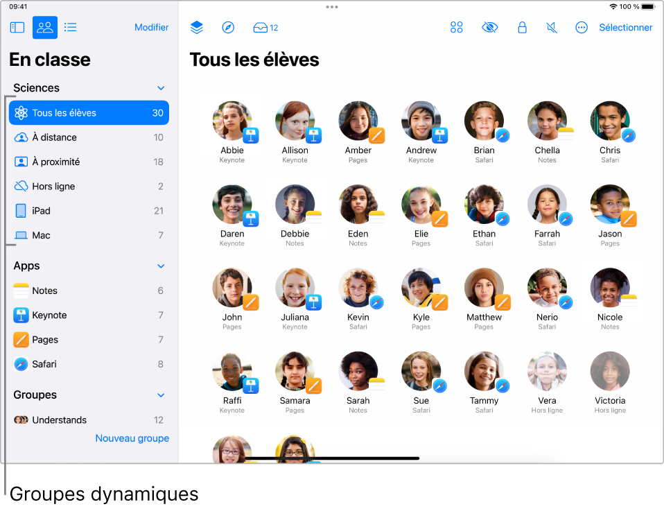 Fenêtre principale d’En classe affichant plusieurs groupes dynamiques dans la barre latérale.