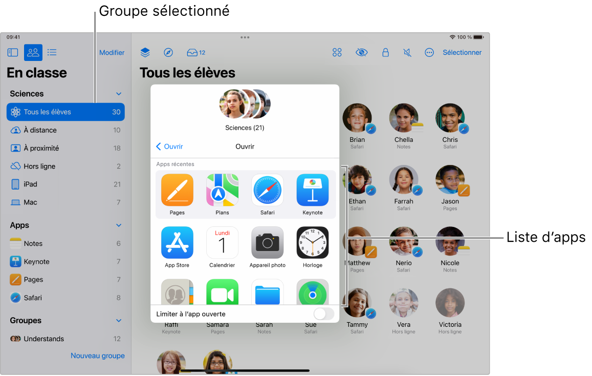 Fenêtre En classe présentant les apps qui s’affichent lorsque vous touchez Ouvrir.