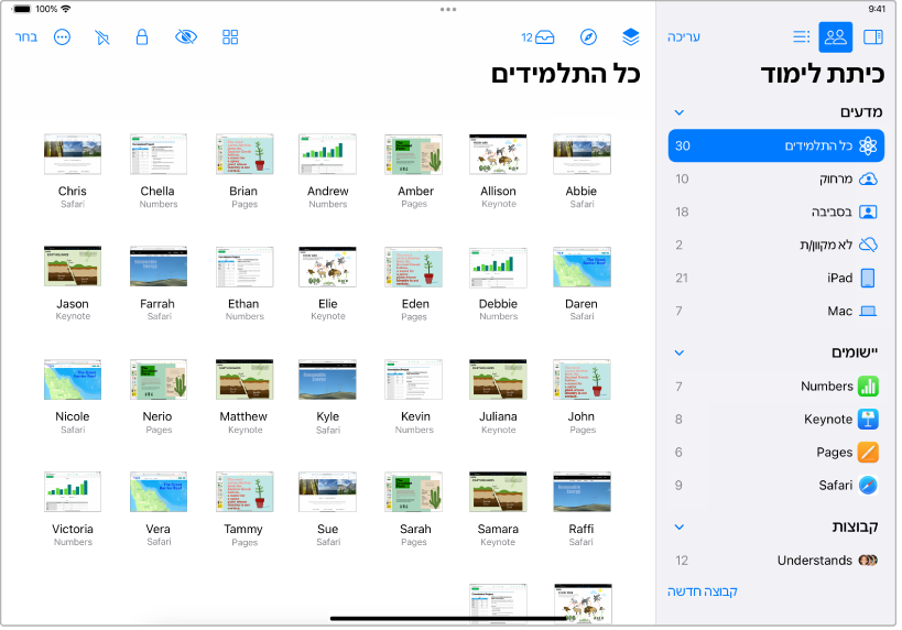 החלון של ״כיתת לימוד״ ב-iPad, עם הכפתור ״כל התלמידים״ מודגש. המסך של כל תלמיד שנבחר מופיע בפינה התחתונה של המסך.