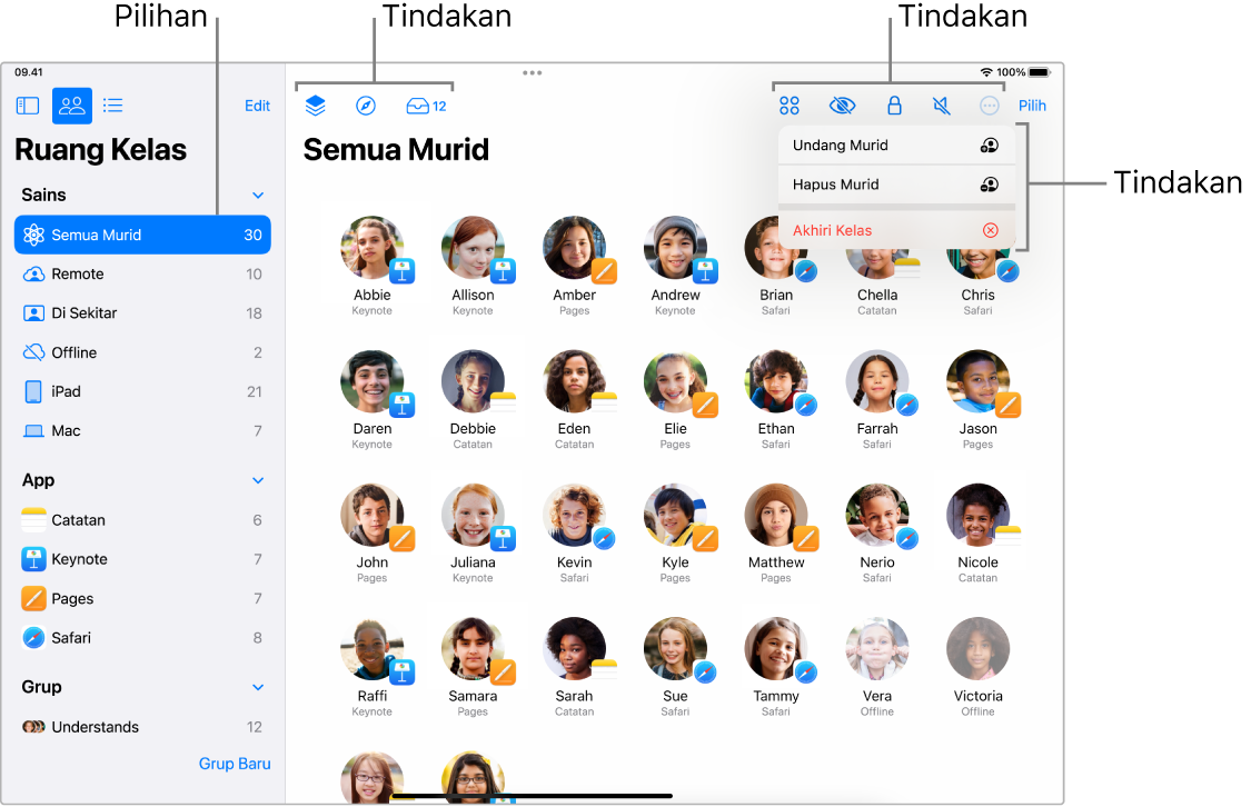 Jendela Ruang Kelas utama di iPad, menampilkan tindakan yang dapat Anda jalankan di dekat bagian atas jendela.