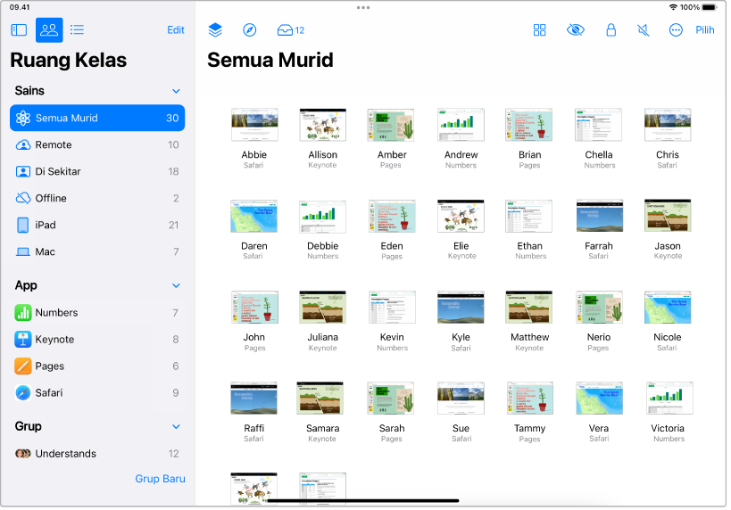 Jendela Ruang Kelas di iPad, dengan tombol Semua Murid yang disorot. Layar setiap murid yang dipilih ditampilkan di bagian bawah layar.