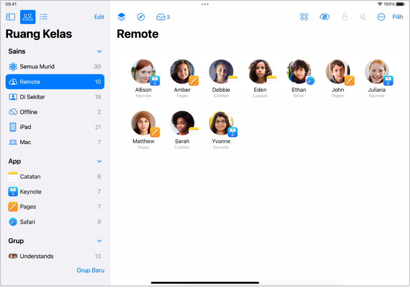 Jendela Ruang Kelas di iPad menampilkan murid jarak jauh yang dipilih.