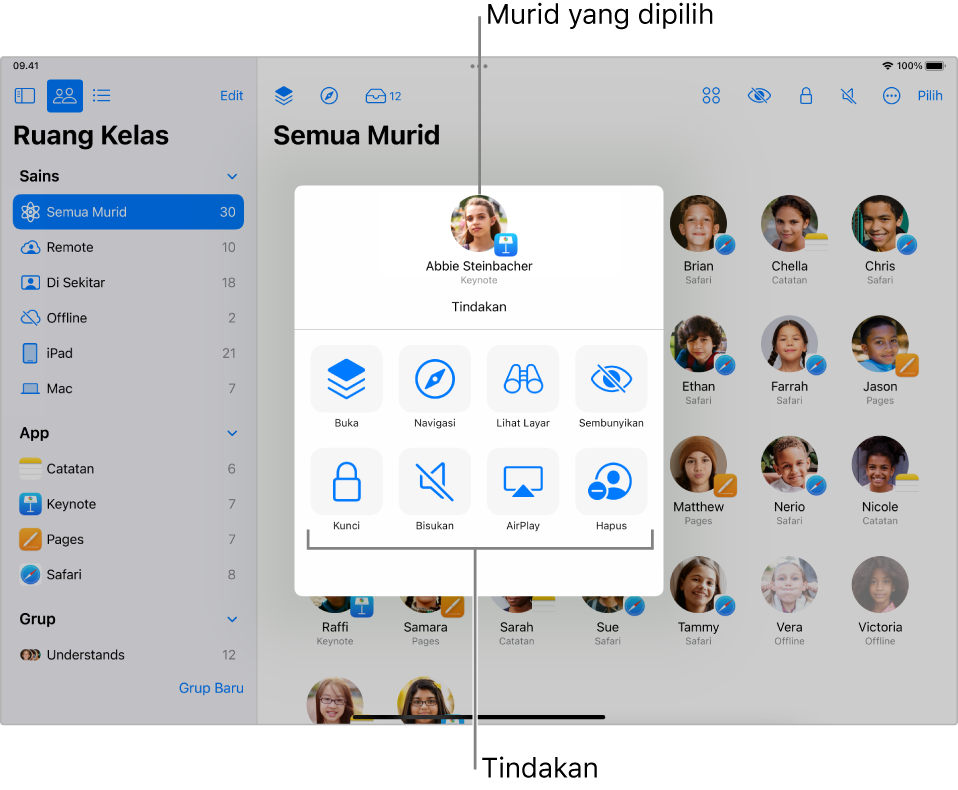 Pengguna yang dipilih menampilkan tindakan yang memungkinkan.