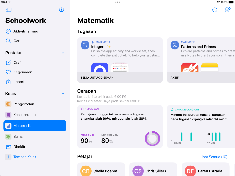 Gambar skrin app Schoolwork pada iPad.