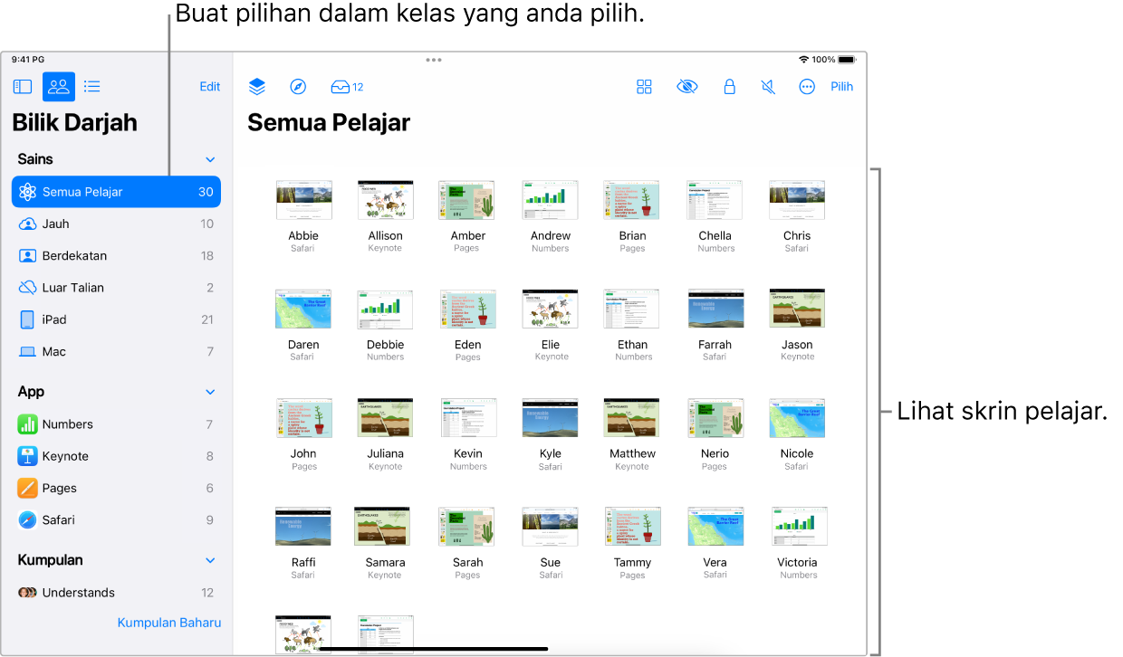 Tetingkap Bilik Darjah pada iPad menunjukkan butang Skrin dipilih dalam baris tindakan dan kumpulan dipilih menunjukkan skrin yang kini boleh dilihat.