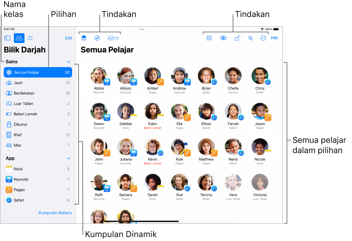 Tetingkap Bilik Darjah pada iPad menunjukkan semua pelajar.