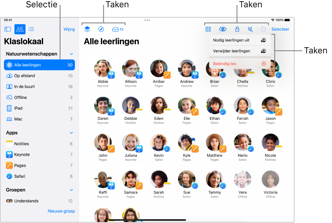 Het hoofdvenster van Klaslokaal op een iPad, met boven in het venster de taken die je kunt uitvoeren.