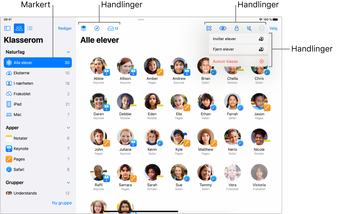 Hovedvinduet for Klasserom på iPad som viser handlinger du kan utføre nesten øverst i vinduet.