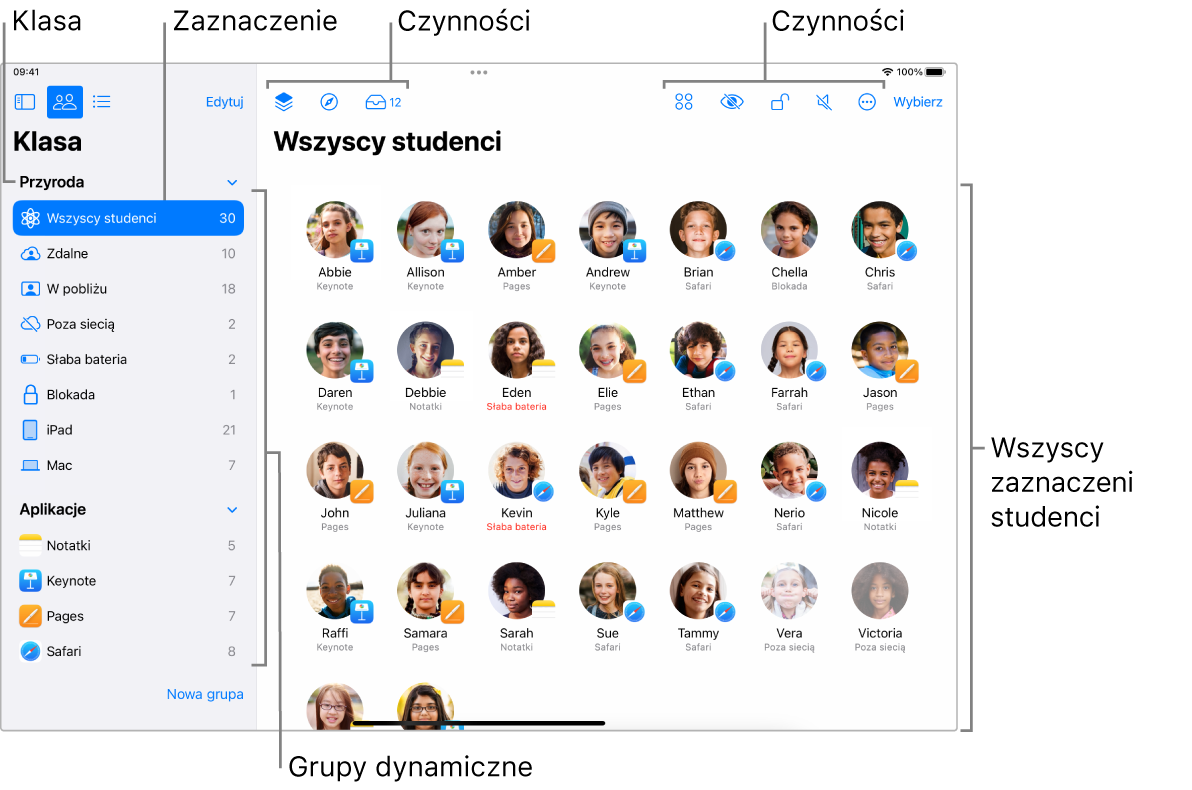 Okno aplikacji Klasa na iPadzie ze wszystkimi studentami.