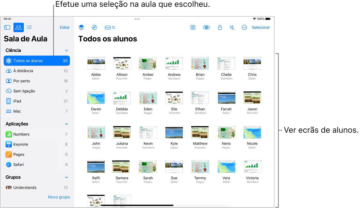 Uma janela da aplicação Sala de Aula no iPad com o botão Ecrãs selecionado na linha de ações e um grupo selecionado, com os ecrãs que podem ser vistos.