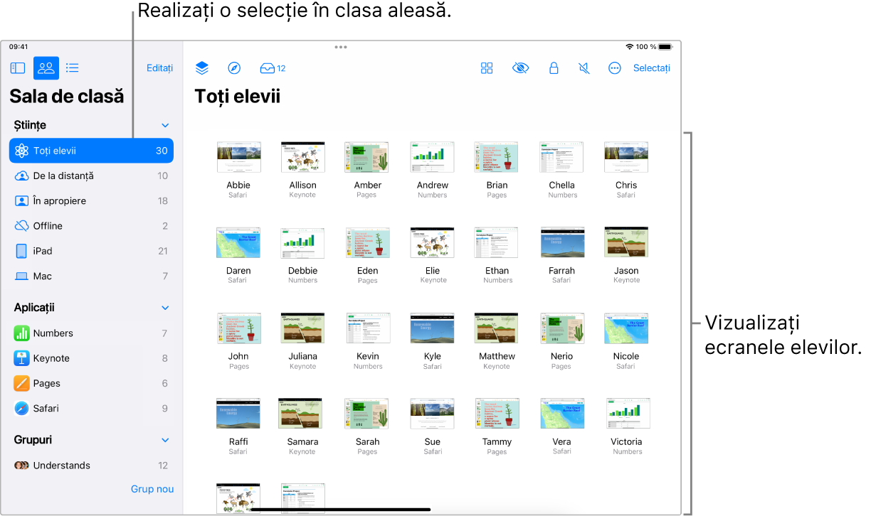 Fereastră Sala de clasă de pe iPad afișând butonul Ecrane selectat în rândul de acțiuni și un grup selectat afișând ecranele care pot fi vizualizate acum.