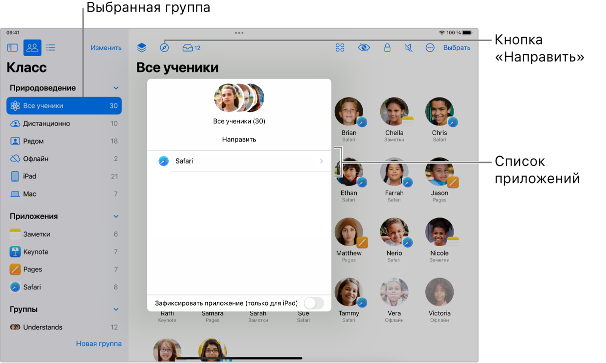 Окно приложения «Класс» на iPad. Кнопка «Направить» и выбранная группа учеников подсвечены. В панели «Направить» доступны два варианта на выбор — Книги и Safari.
