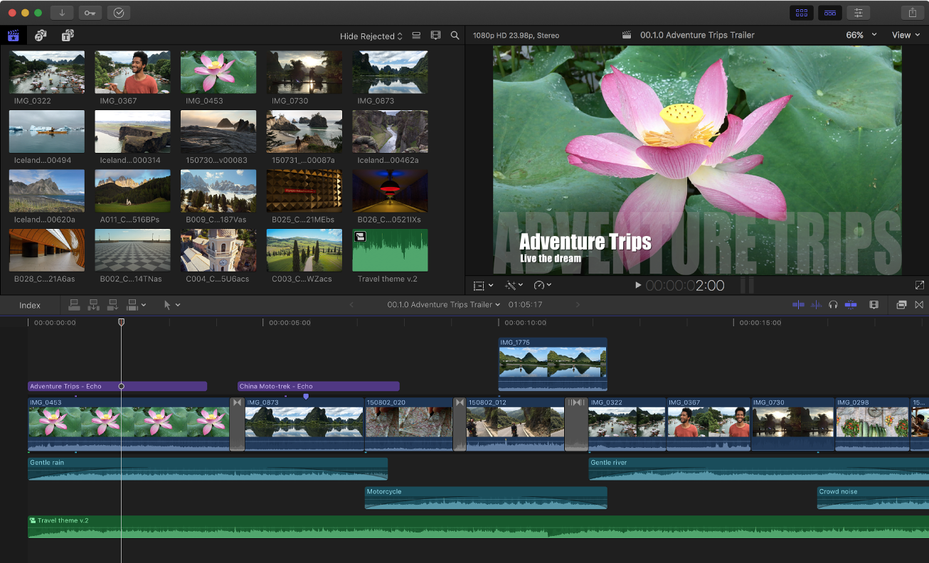 The Final Cut Pro window showing the browser, viewer, and timeline