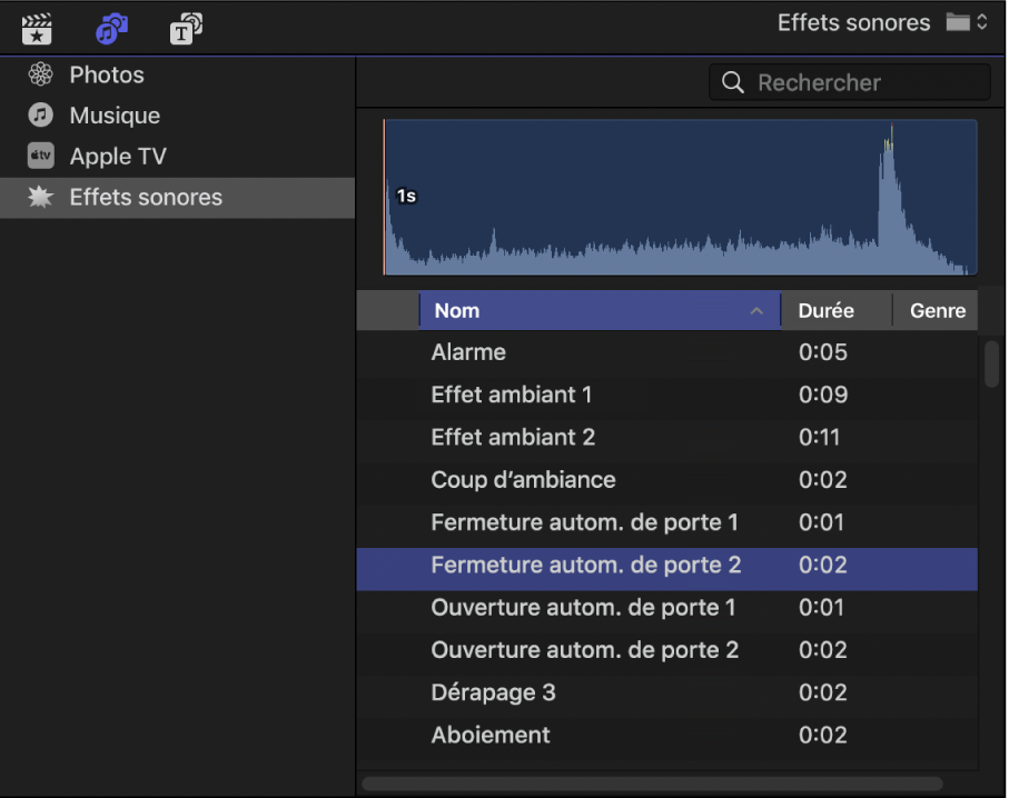 Barre latérale « Photos, vidéos et audio » affichant la catégorie « Effets sonores » sélectionnée, et navigateur ouvert sur la liste des plans d’effets sonores